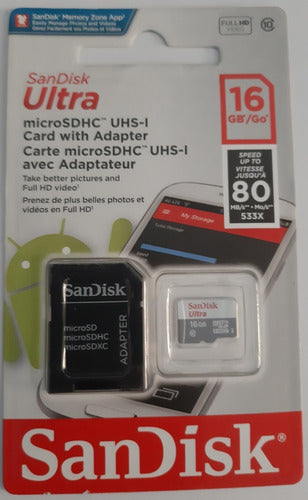 Memoria Micro Sd Sandisk 16gb Clase 10-80mbps -pc-celular-